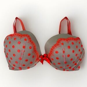 Victorias Secret Very Sexy Push Up Bra‎ 34D Grey Neon Orange Polka Dots Lace Bow